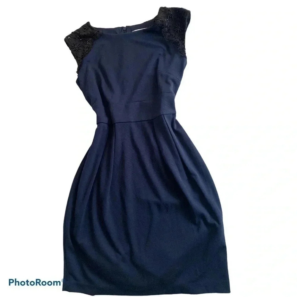 Laura Petites navy lace mini  midi sleeveless dress